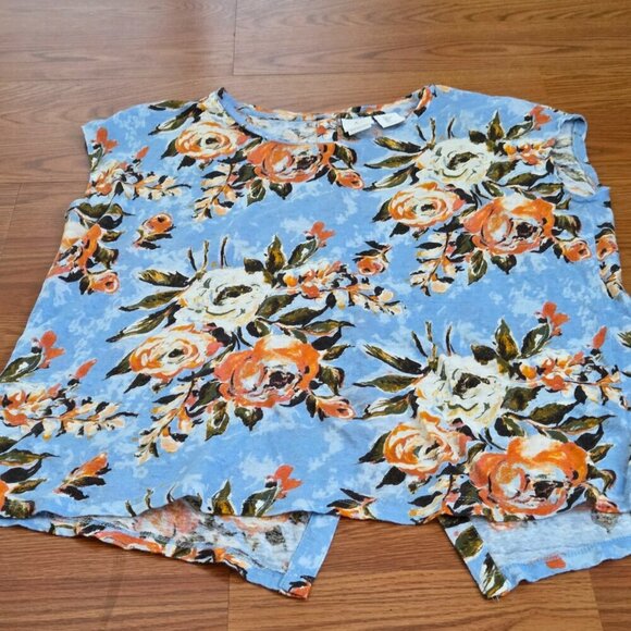 Joie Top Womens Large Blue Floral Linen Short Sleeve Casual Beachy Button Back - Picture 5 of 12